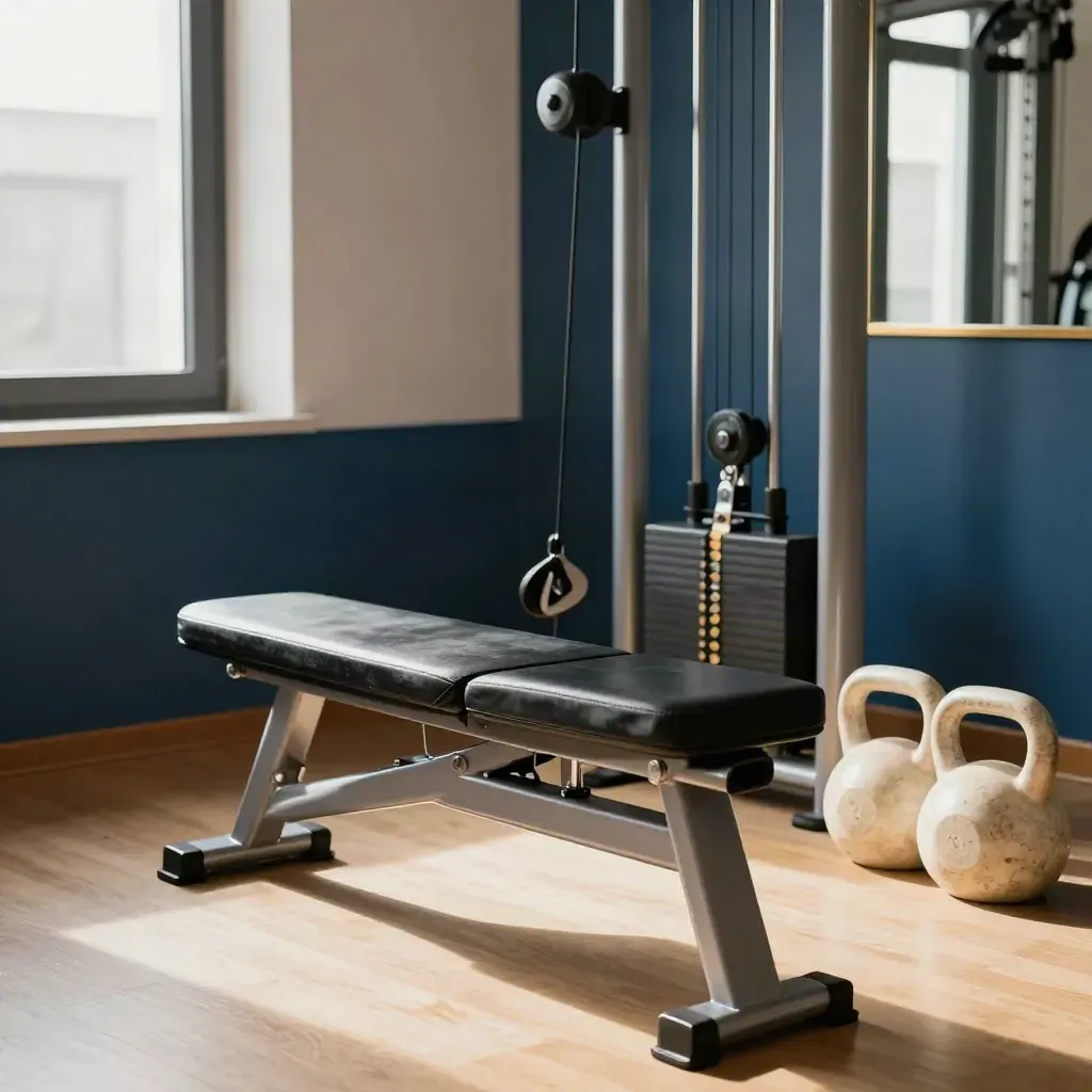 Angolo training privato con panca regolabile, cavo, kettlebell e specchio in luce calda.