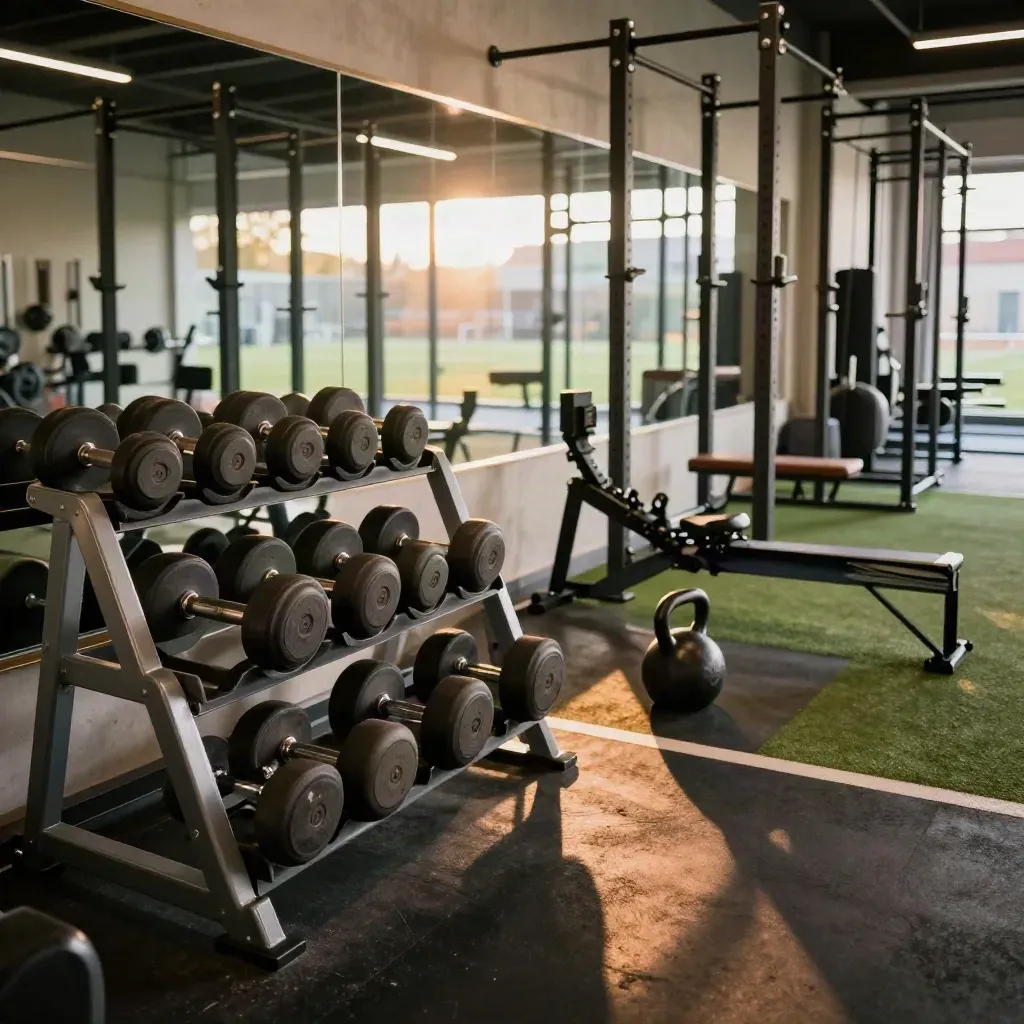 Sala pesi vuota con manubri, kettlebell, squat rack e vogatore in luce calda.