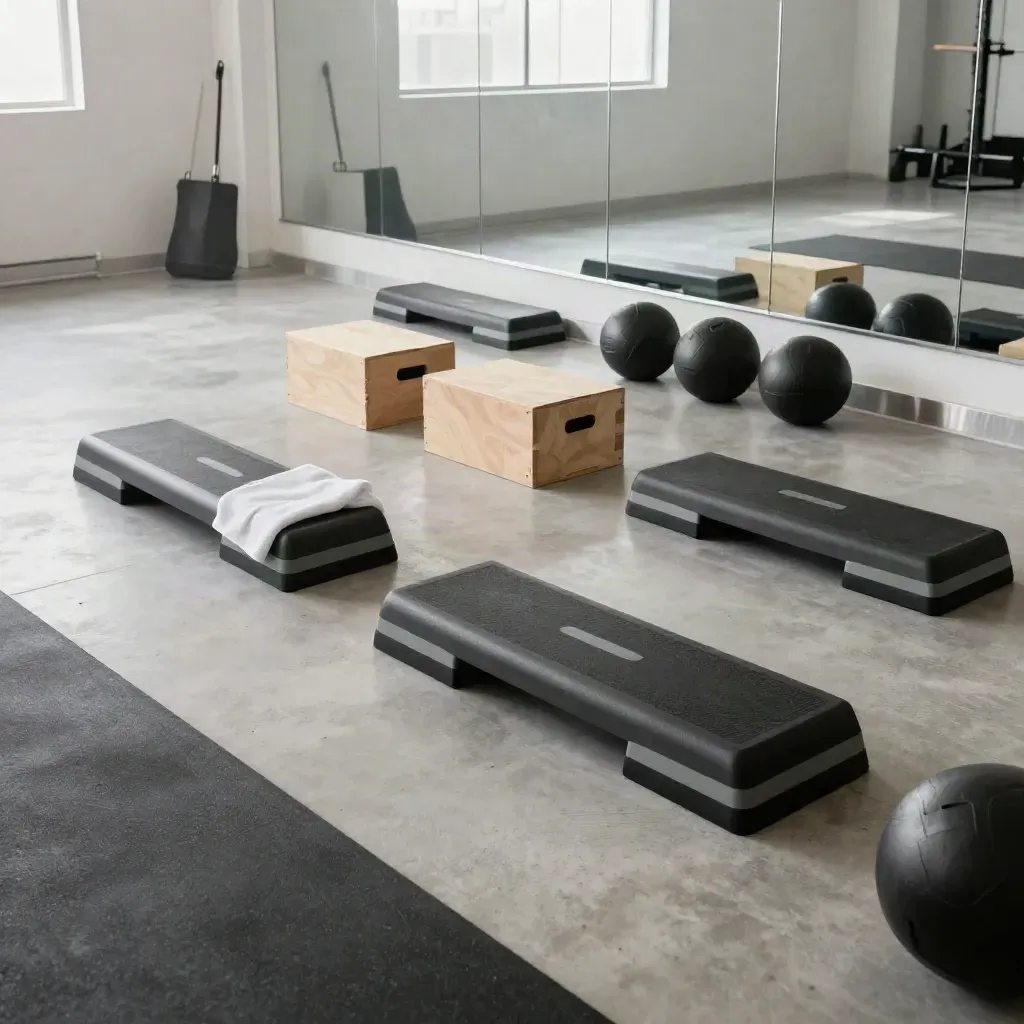 Studio corsi di gruppo con step, tappetini, box pliometrici, palle mediche e specchi.