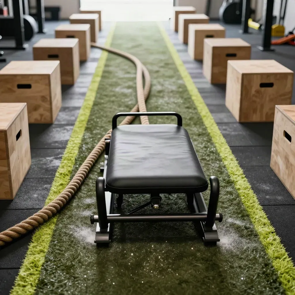 Slitta da functional training su pista in erba sintetica con corde, box e tavolette propriocettive.