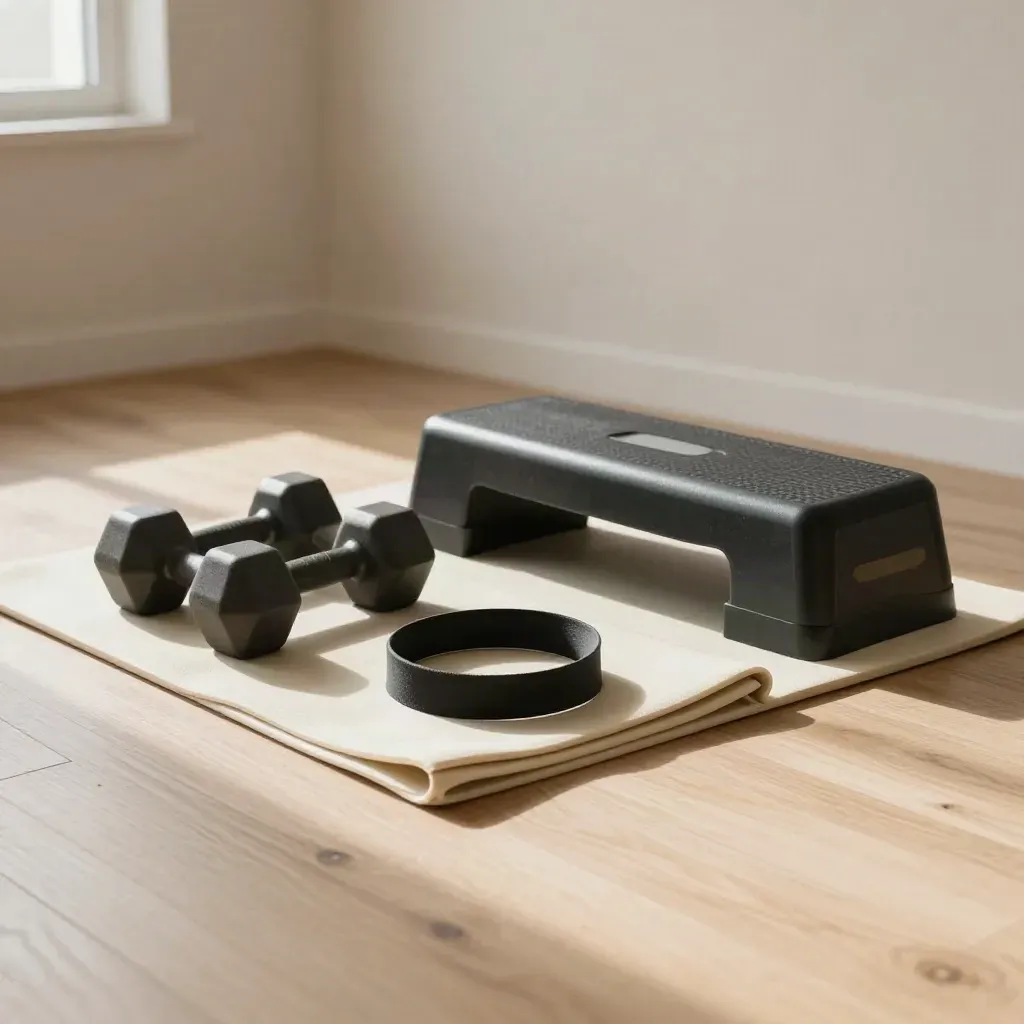 Kit base per principianti con manubri, elastico, tappetino e step in legno chiaro