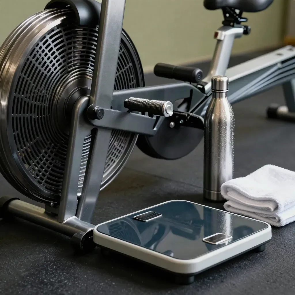 Angolo cardio con vogatore, air bike, bilancia, borraccia e asciugamano piegato.