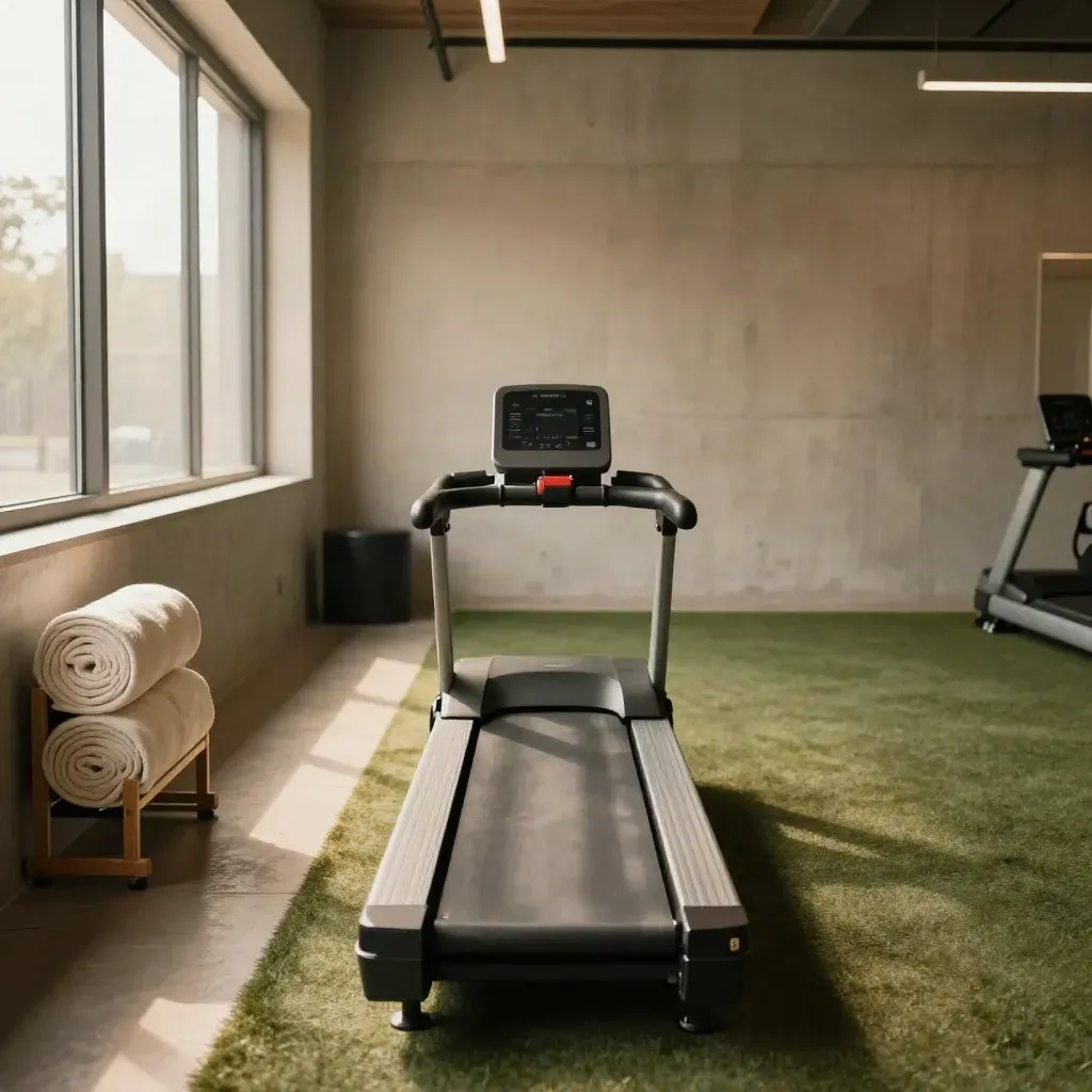 Angolo cardio con vogatore, treadmill, asciugamani e corsia turf illuminati dal sole.