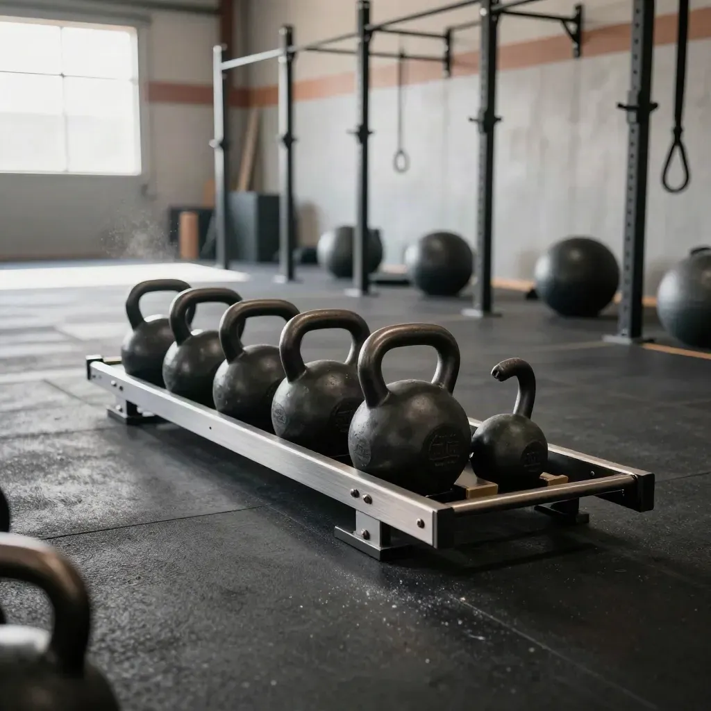 Slitta da functional training, kettlebell e medball in sala funzionale con rig e polvere di gesso.