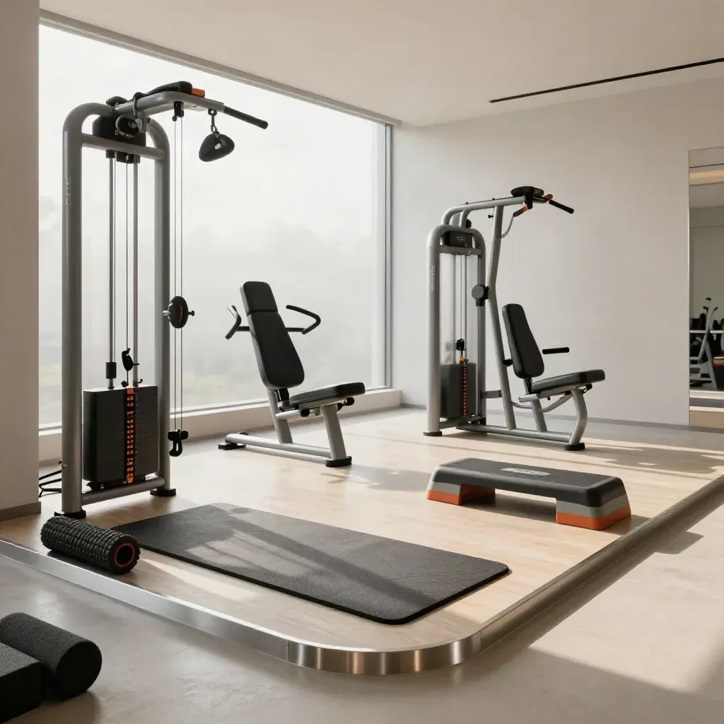 Sala palestra luminosa con macchine compatte, tappetini e percorso libero, vista dalla porta