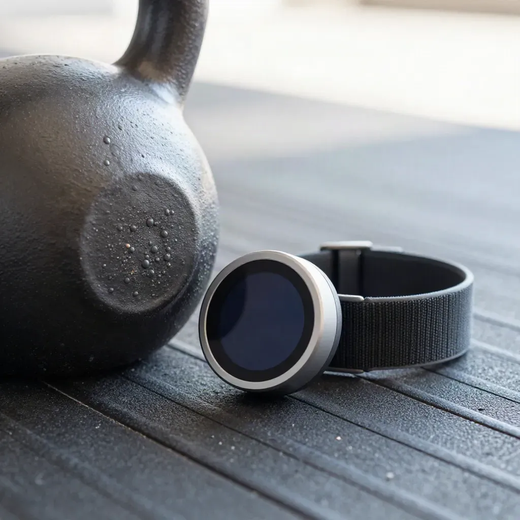 Timer interval tra kettlebell e fascia cardio sul pavimento di gomma, stile macro
