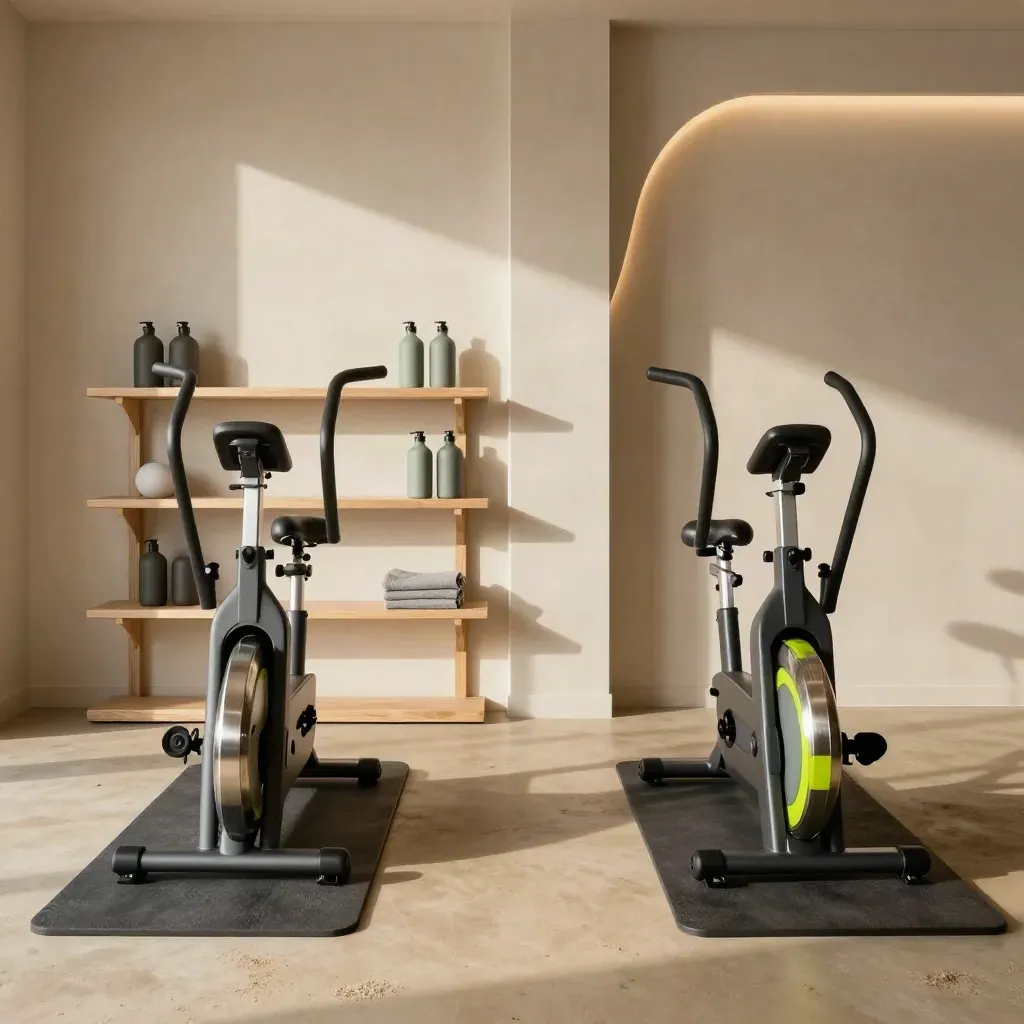 Due stazioni allenamento pronte con air bike, tappetini e ripiani acqua in una palestra elegante.