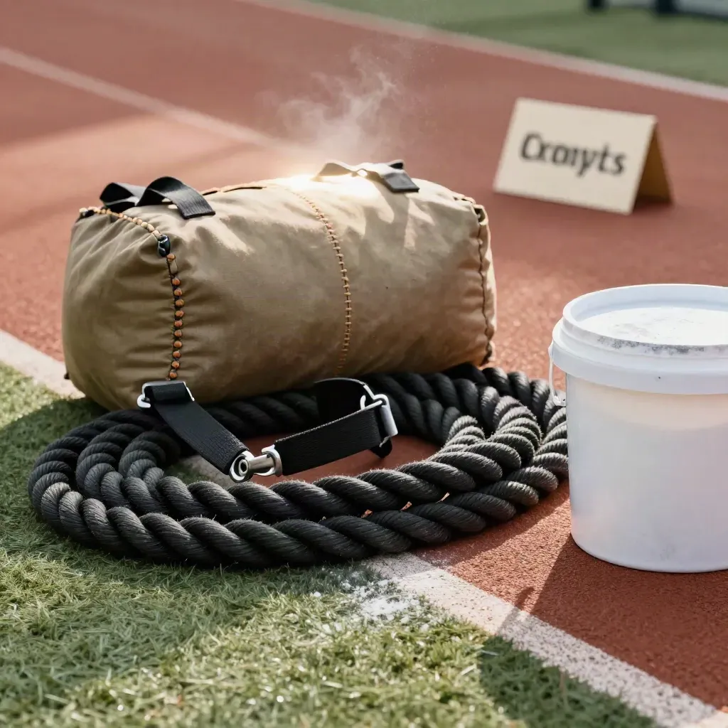 Sandbag, corda e secchio di gesso sul bordo del turf, luce morbida e atmosfera intensa.