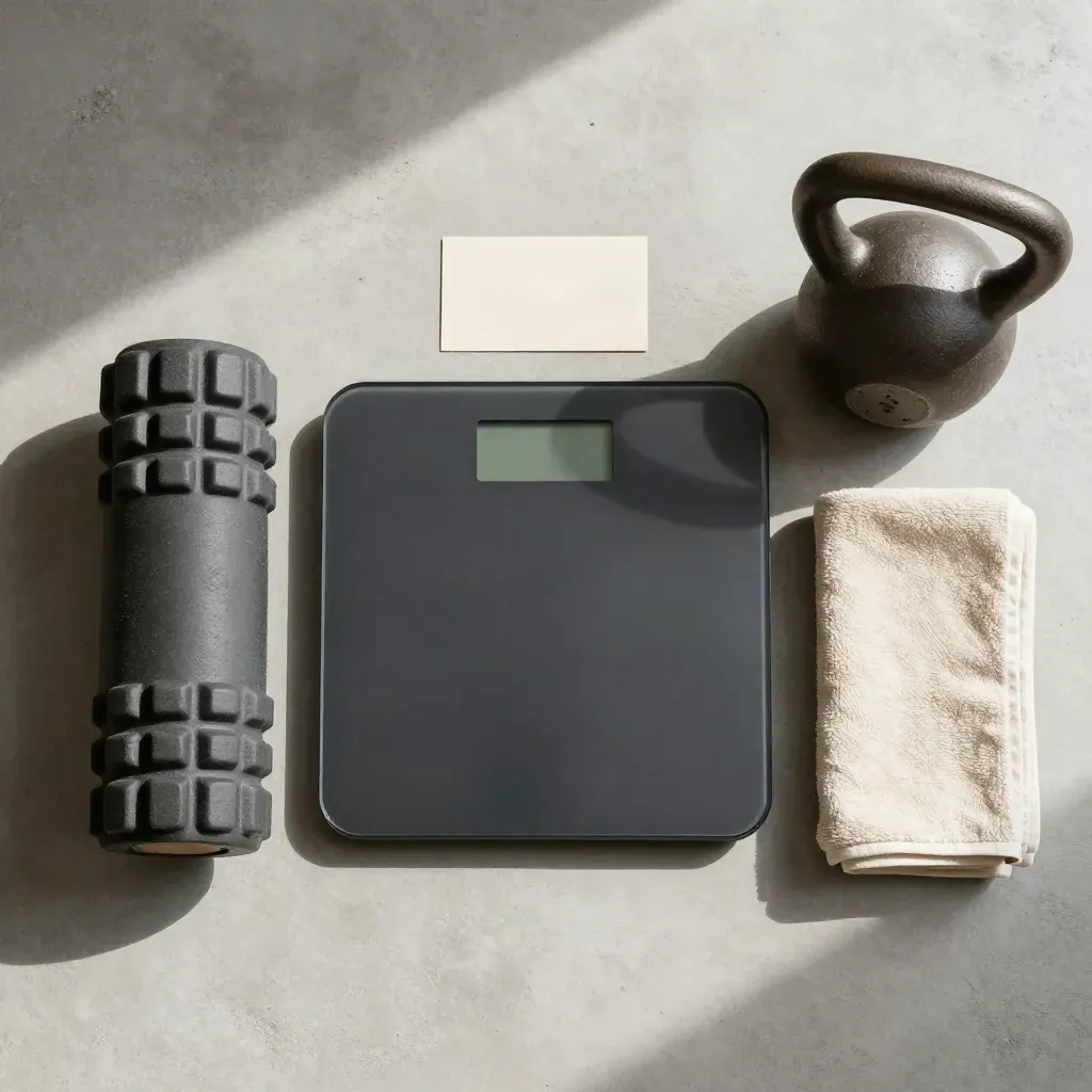 Flatlay dall’alto con bilancia, kettlebell, foam roller e asciugamano su cemento chiaro.