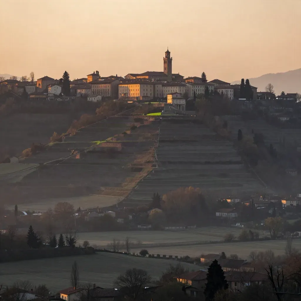 Vista di Bergamo Alta al tramonto con colline terrazzate e foschia dorata.