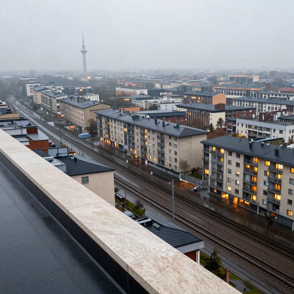 Milano Nord al tramonto: tetti di Bicocca, binari e torre lontana nella foschia calda.
