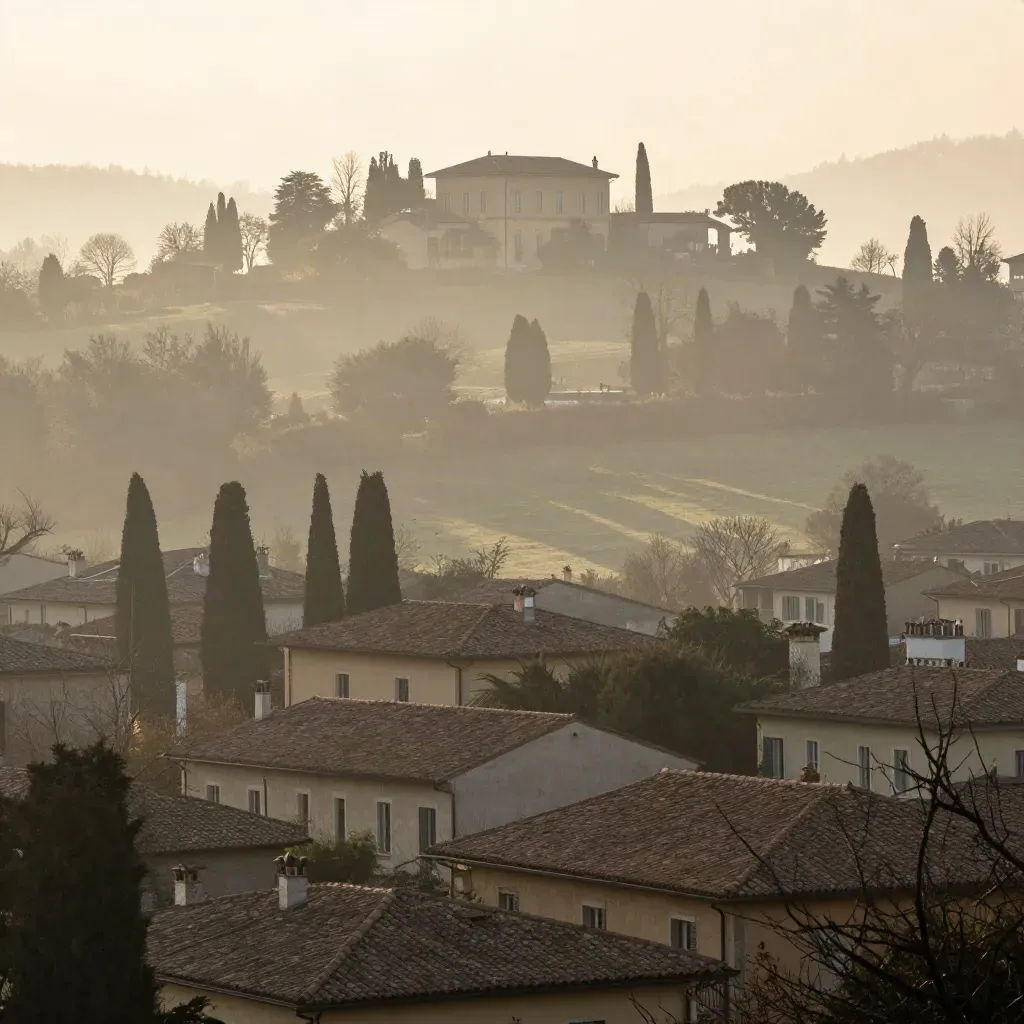 Veduta mattutina di Monza e Brianza con ville alberate e nebbia dorata sul parco.